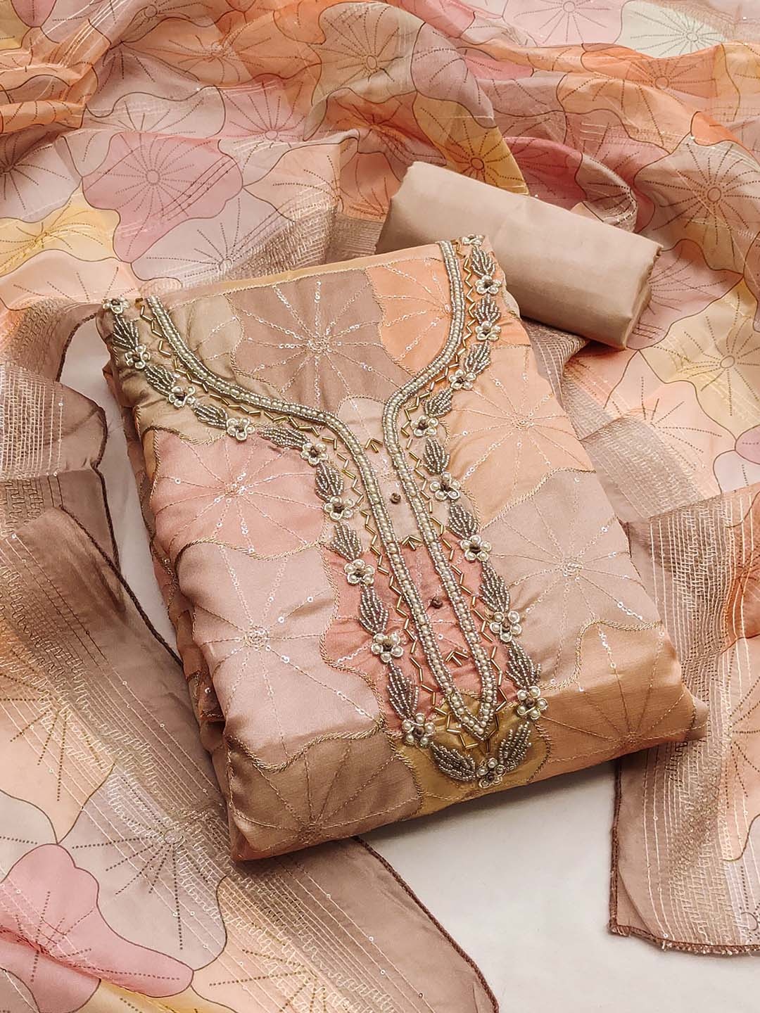 

SAINOOR Floral Embroidered Beads And Stones Organza Semi-Stitched Dress Material, Peach