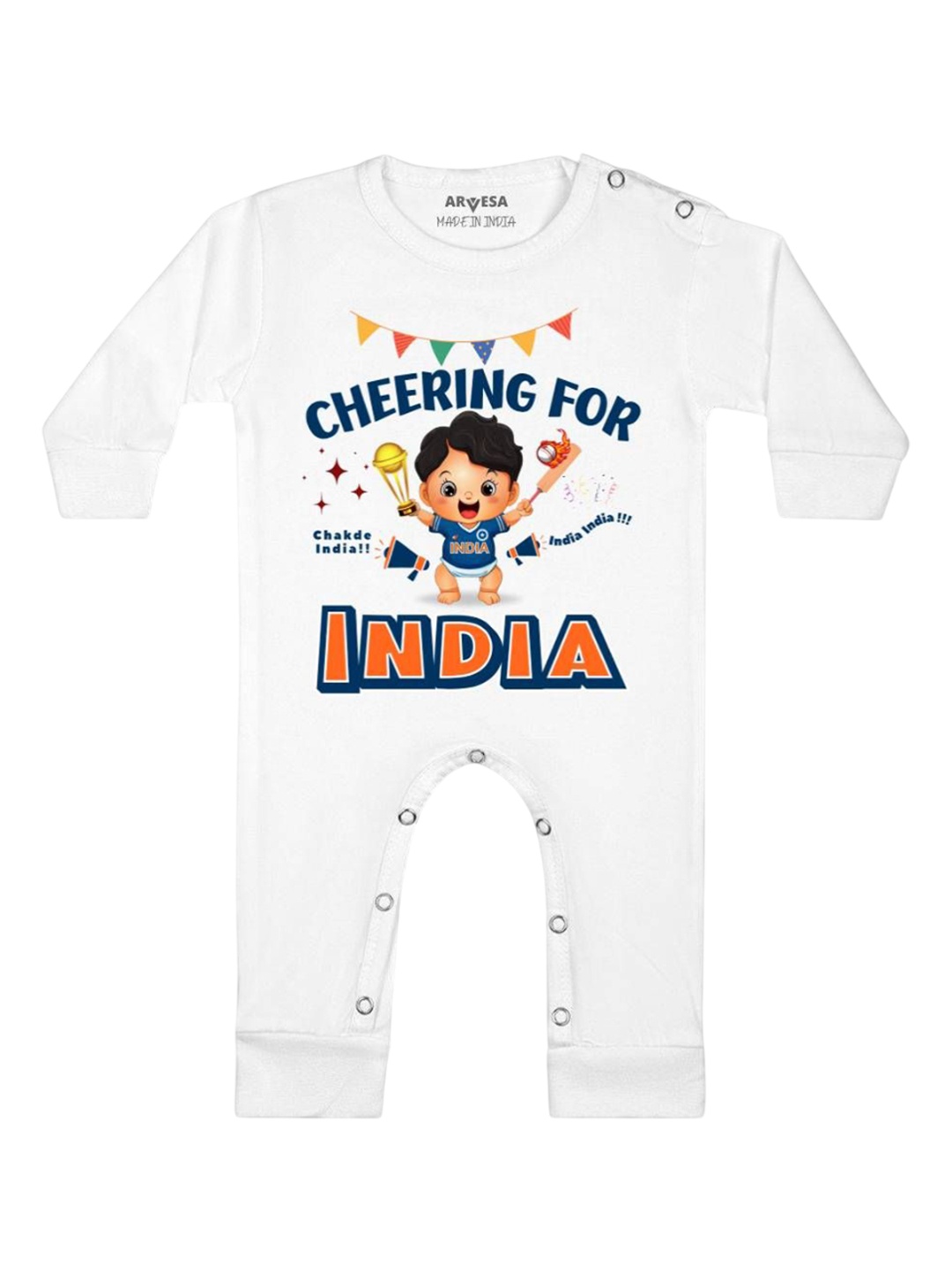 

Arvesa Kids Cheering For India Printed Baby Romper, White