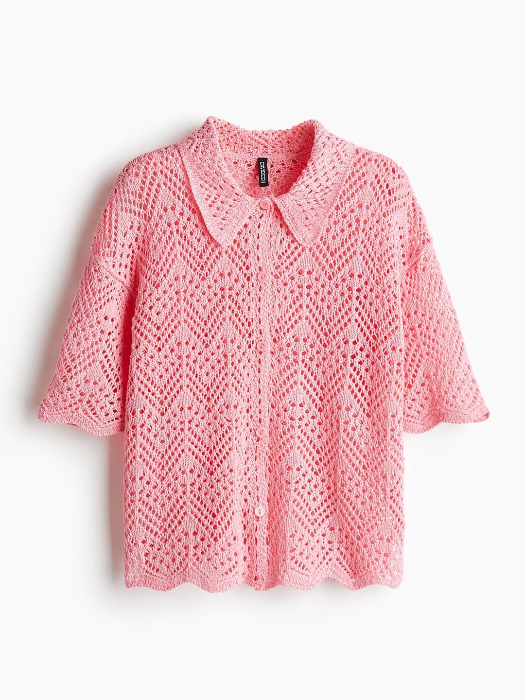 

H&M Short-Sleeved Pointelle-Knit Shirt, Pink