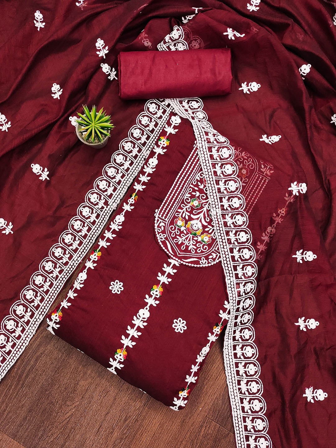 

SAINOOR Floral Embroidered Chanderi Cotton Semi-Stitched Dress Material, Maroon