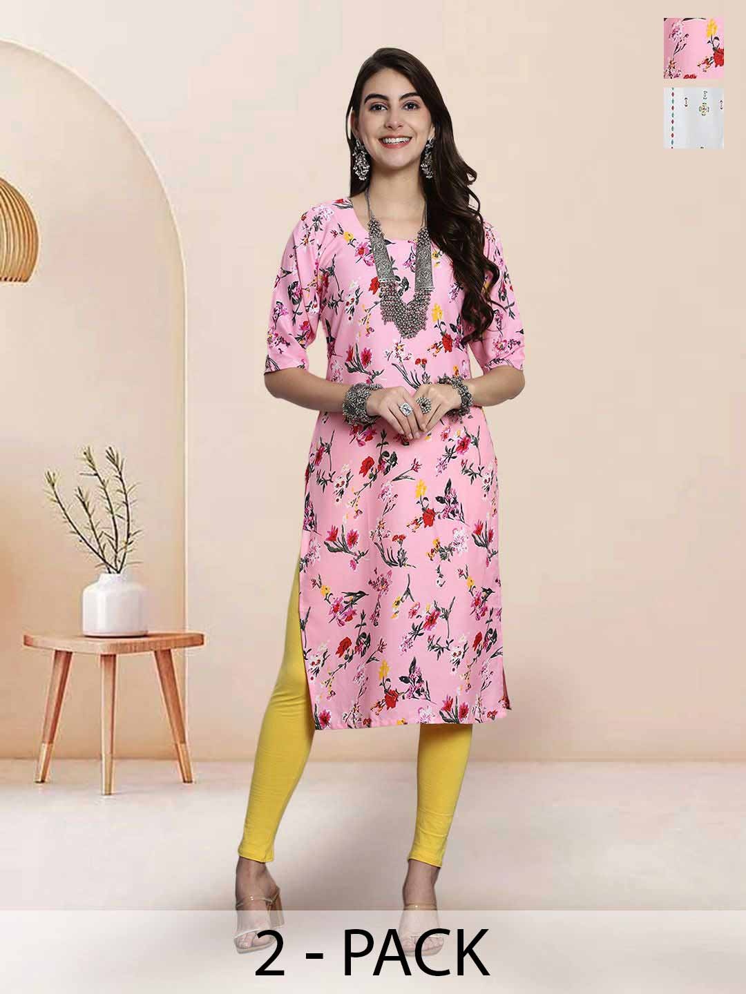 

7Threads Selection Of 2 Floral Printed Round Neck Straight Kurtas, Pink