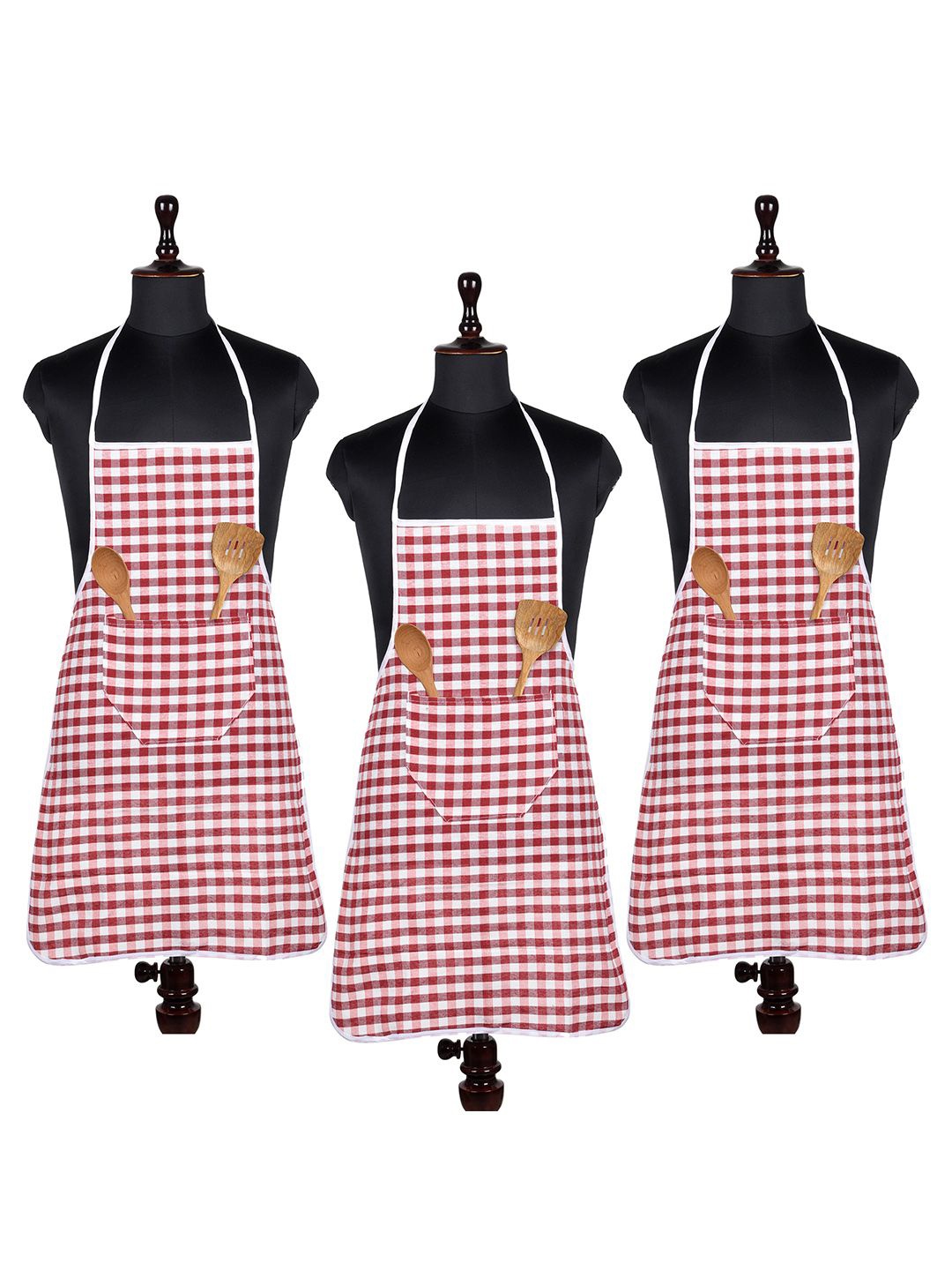 

Kuber Industries Red & White 3 Pieces Checked Cotton Front Pocket Aprons
