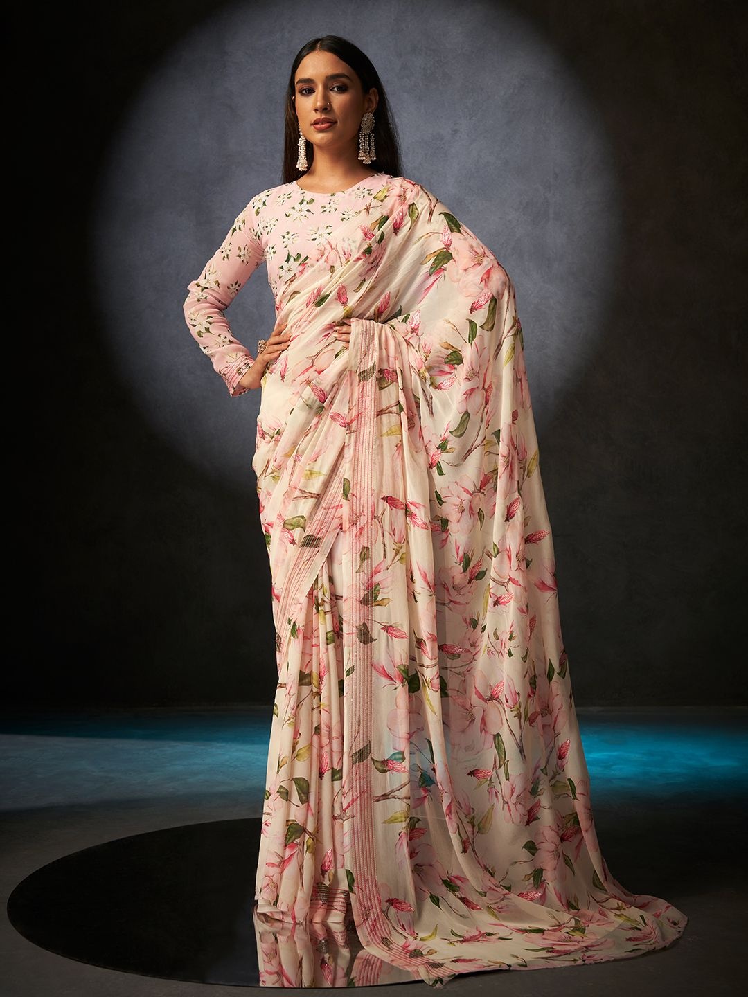 

SARHA Floral Printed Pure Georgette Saree, Cream