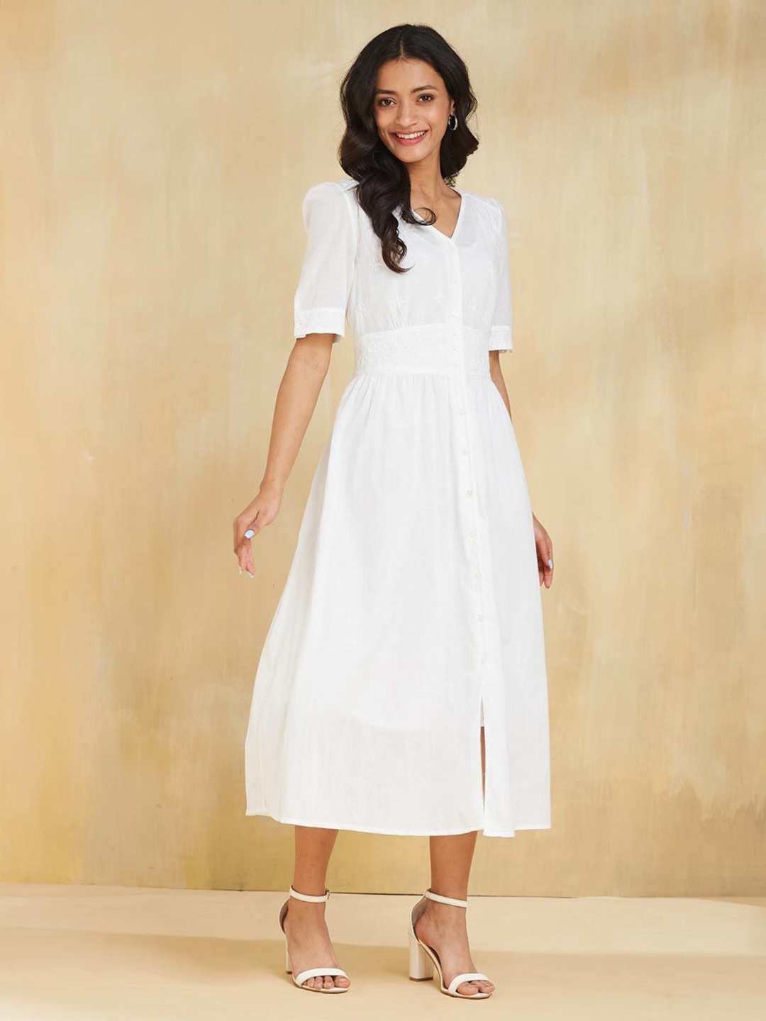 

Fabindia Embroidered A-Line Midi Dress, White