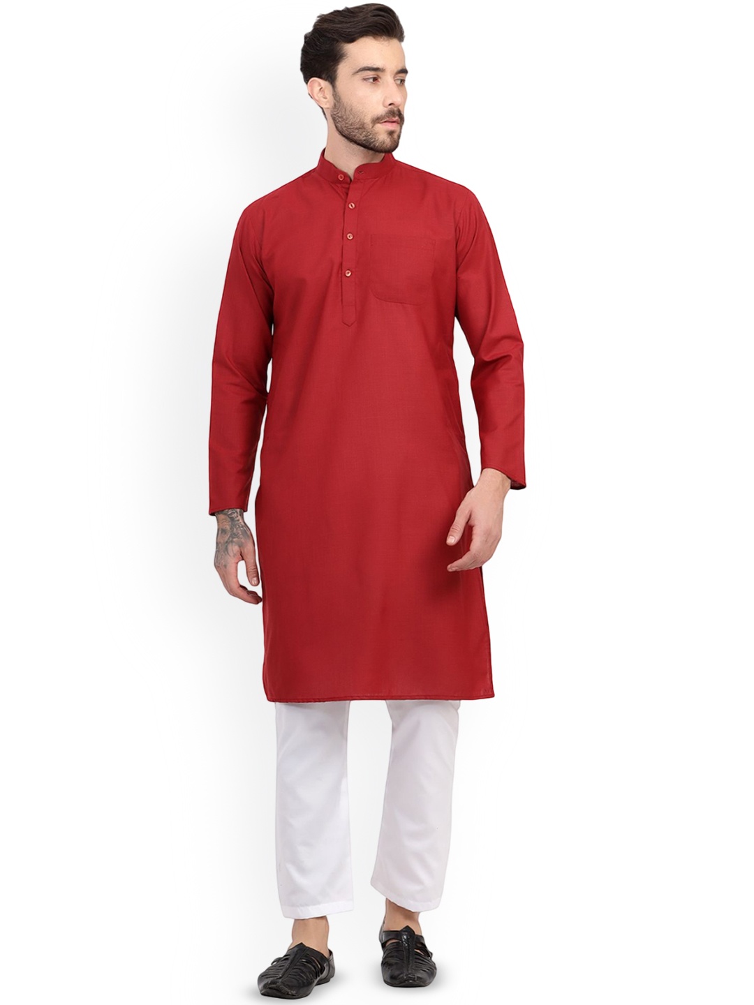 

Sadree Band Collar Long Sleeves Straight Kurta With Trouser, Maroon