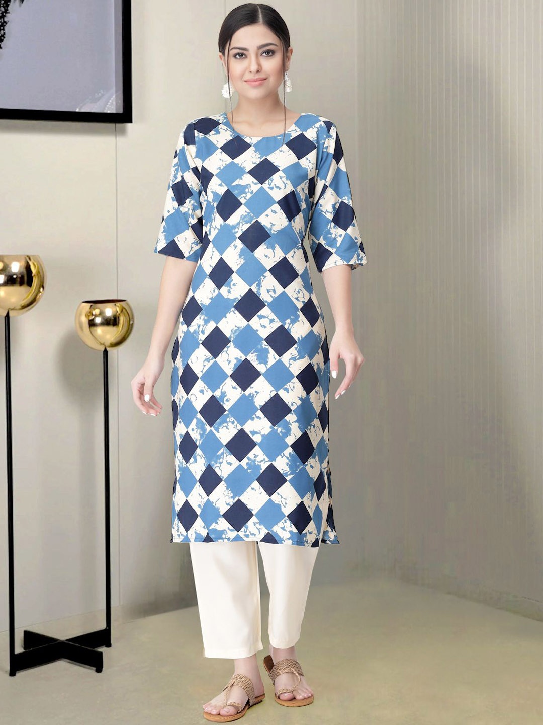 

Moda Rapido Geometric Printed Round Neck Straight Kurta with Trousers, Blue