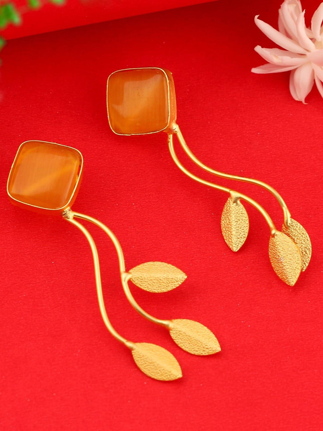 

SANAA CREATIONS Gold-Plated Artificial Stones Studded Leaf Shaped Drop Earrings
