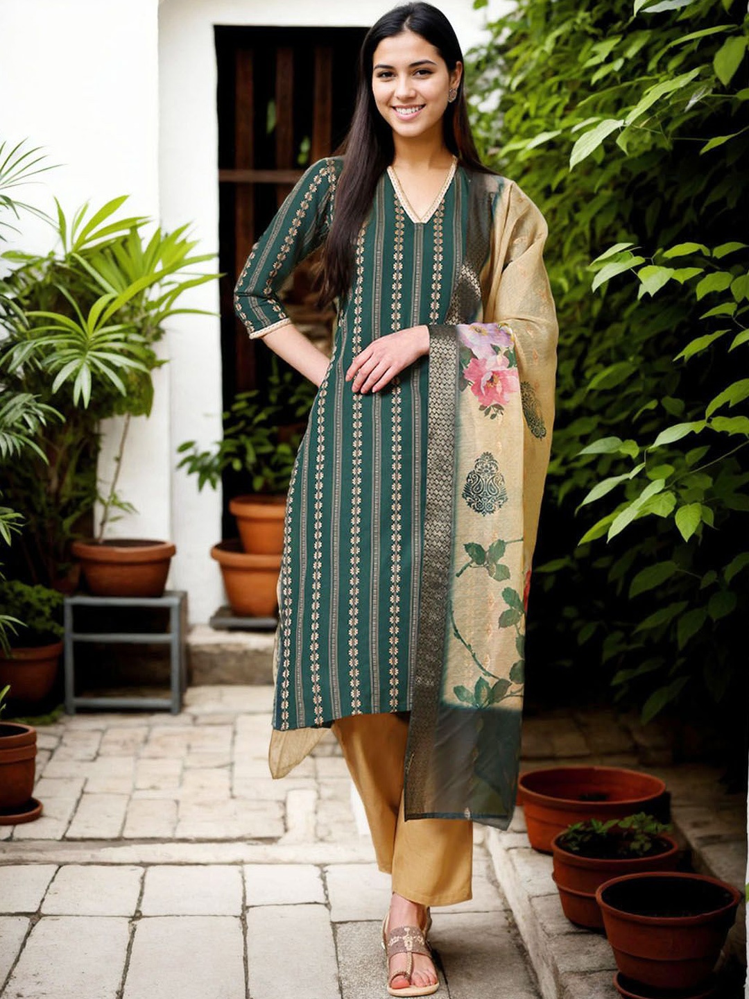 

Anouk Woven Design V-Neck Straight Pure Cotton Kurta With Trousers And Dupatta, Green