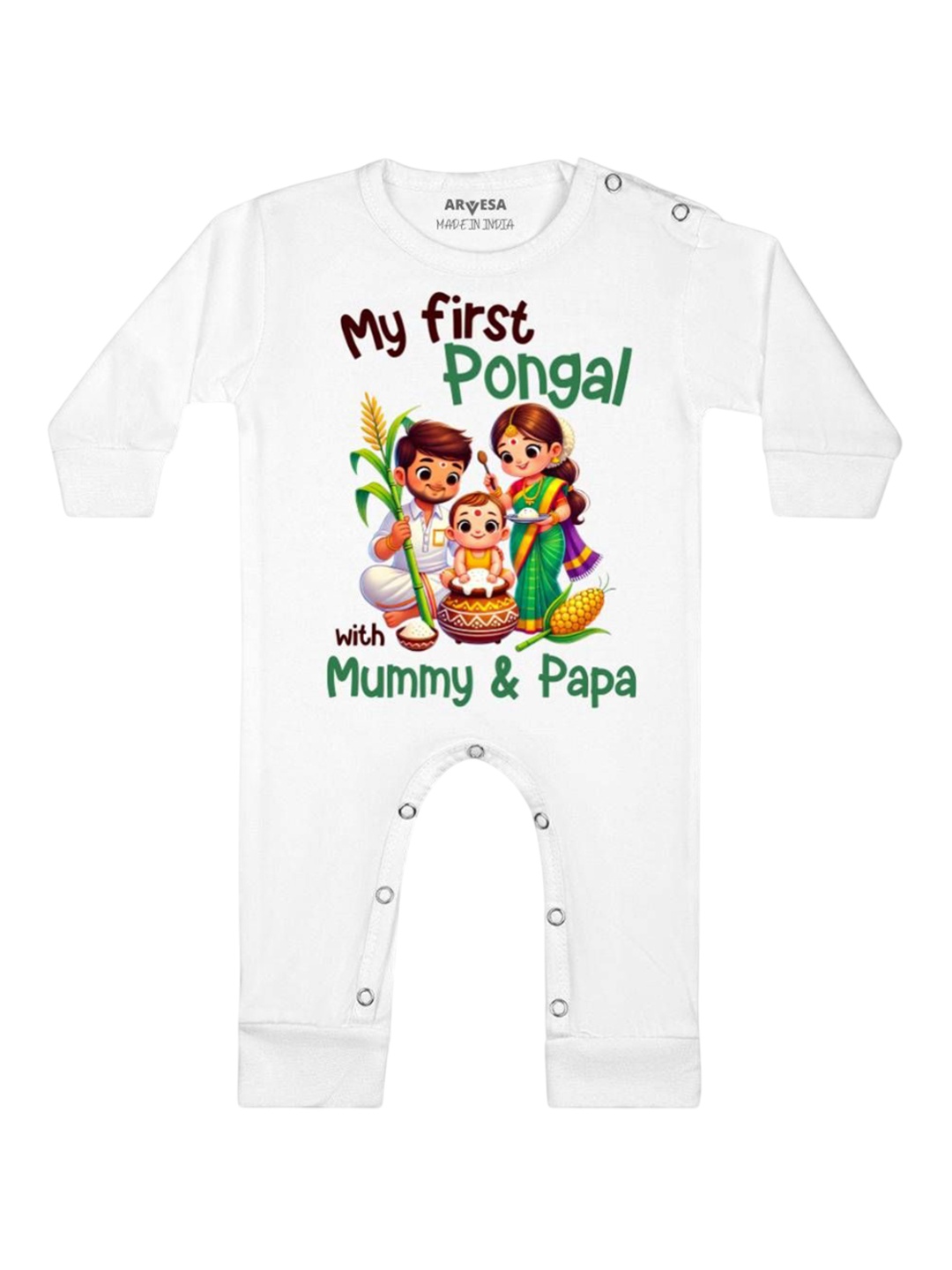 

Arvesa First Pongal Printed Baby Romper, White