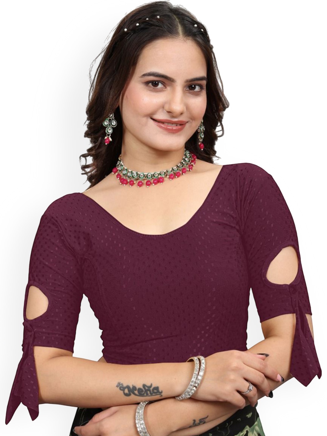 

SS Sanket Synthetics Self Design Stretchable Saree Blouse, Purple