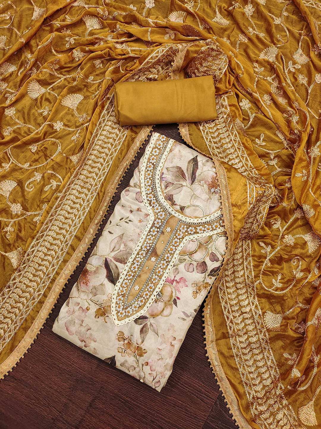 

SAINOOR Embroidered Semi-Stitched Dress Material, Beige