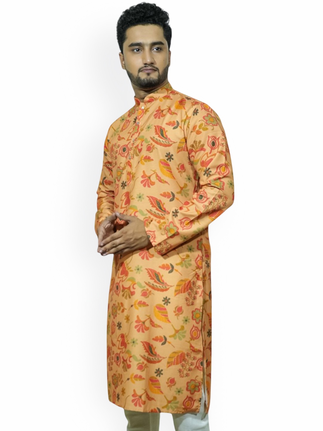 

Fabindia Floral Printed Pure Cotton Mandarin Collar Straight Kurta, Beige