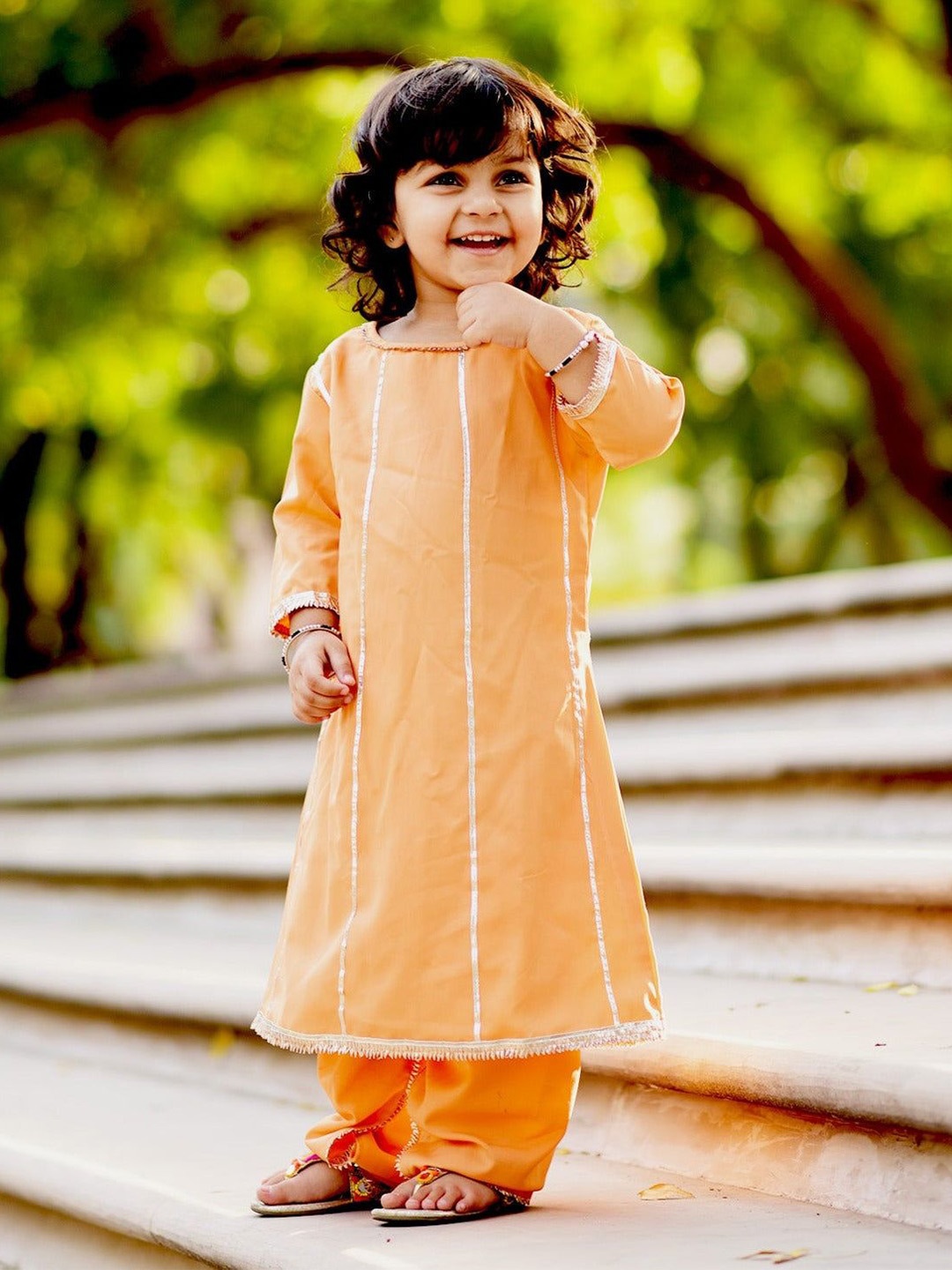 

Thread & Button Girls Striped Regular Silk Crepe Kurta with Trousers, Orange