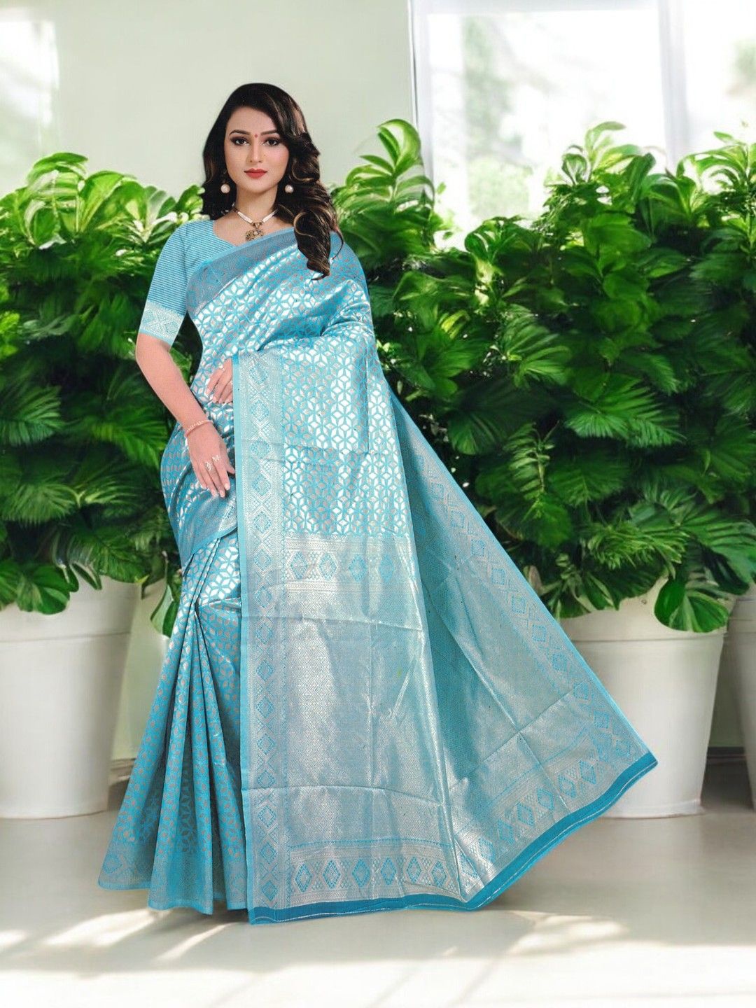 

SHOPPKEE Ethnic Motifs Zari Silk Cotton Banarasi Saree, Blue
