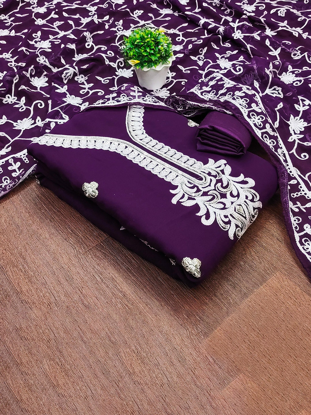 

SAINOOR Floral Embroidered Sequinned Georgette Unstitched Dress Material, Purple