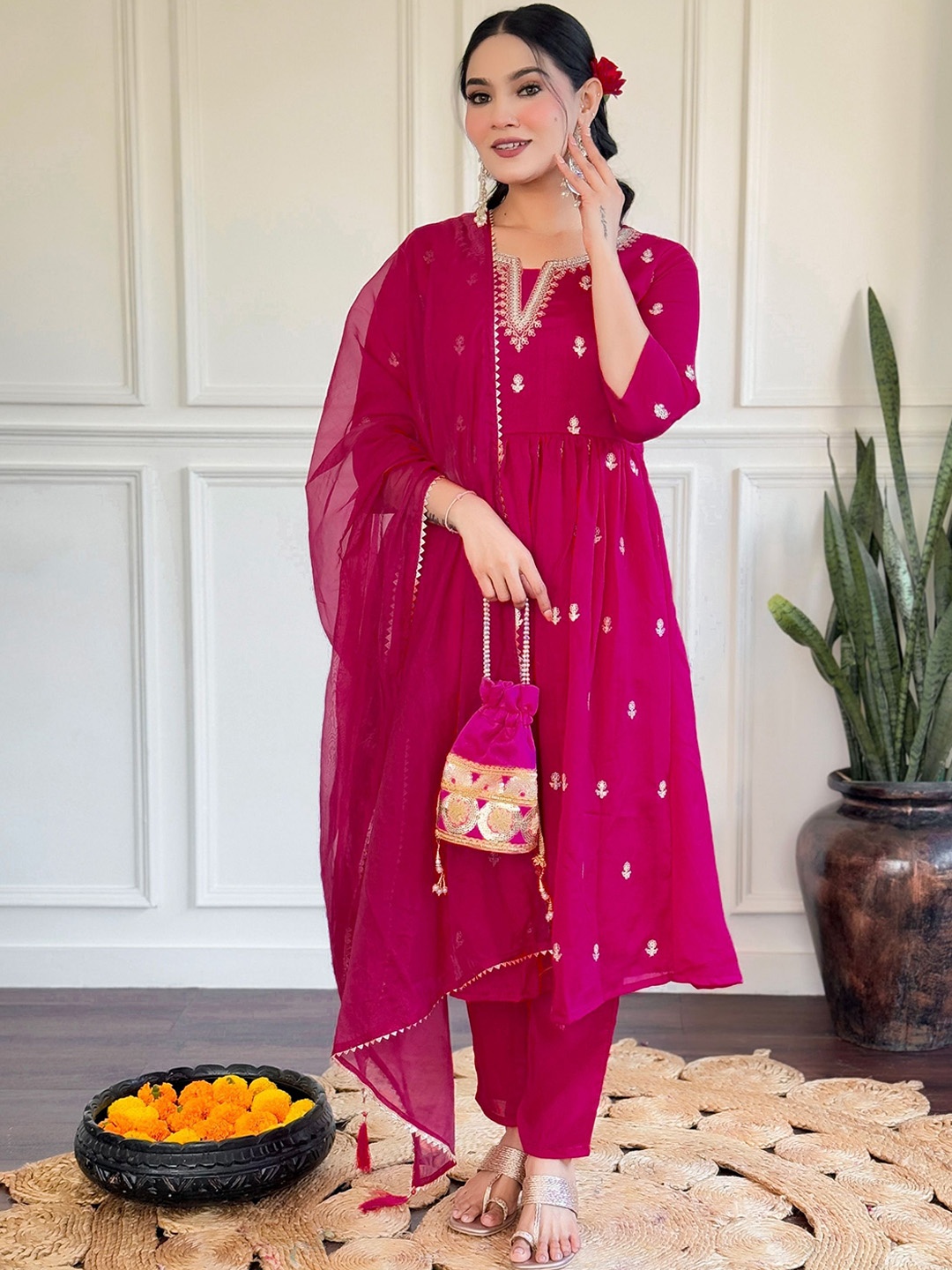

NIZA FASHION Women Ethnic Motifs Embroidered Regular Kurta with Trousers & With Dupatta, Pink