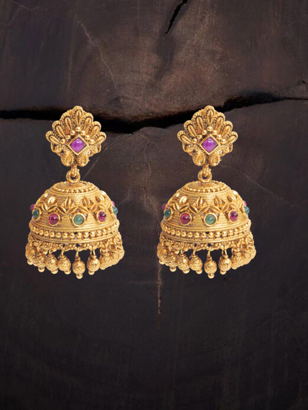 

South Temple Jewellery Gold-Plated Artificial Stoned Studded Dome Shaped Jhumkas