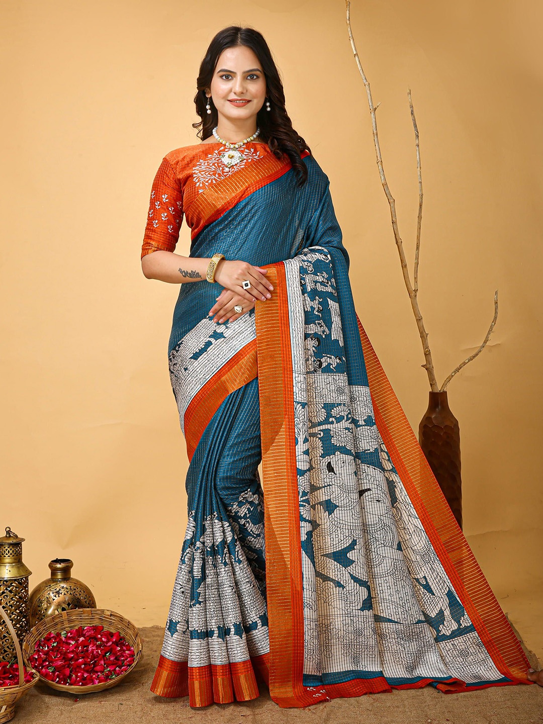 

V3 FASHION STUDIO Ethnic Motifs Zari Art Silk Saree, Blue