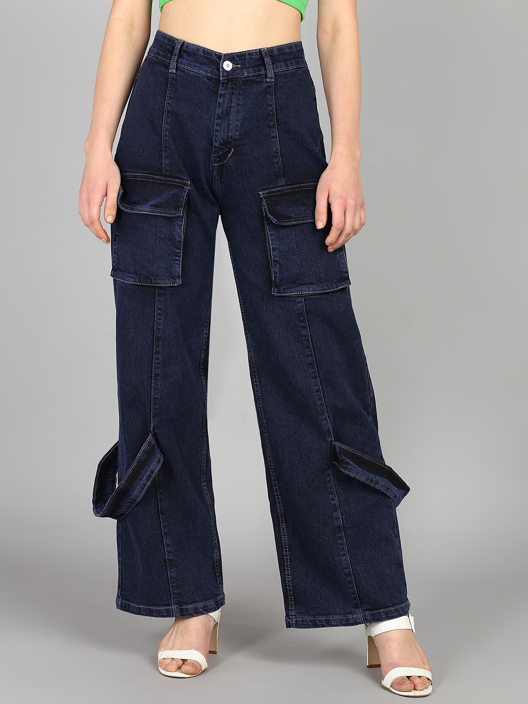 

DressBerry Women Comfort Wide Leg High-Rise Light Fade Acid Wash Stretchable Jeans, Navy blue