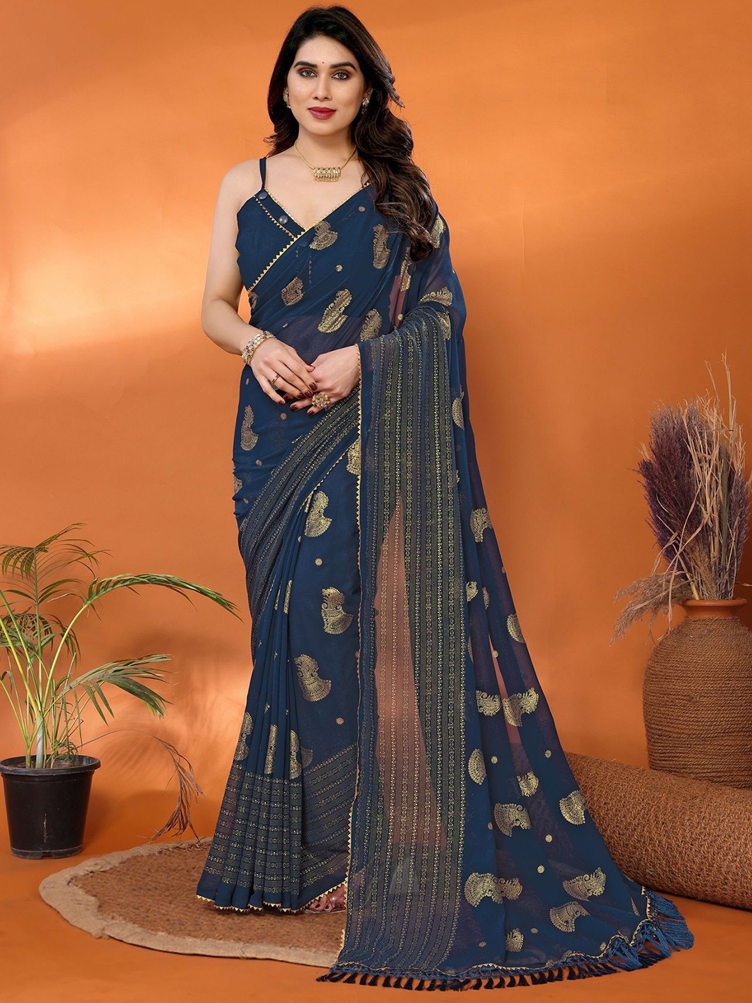 

Fashion FRICKS Ethnic Motifs Gotta Patti Poly Georgette Saree, Teal