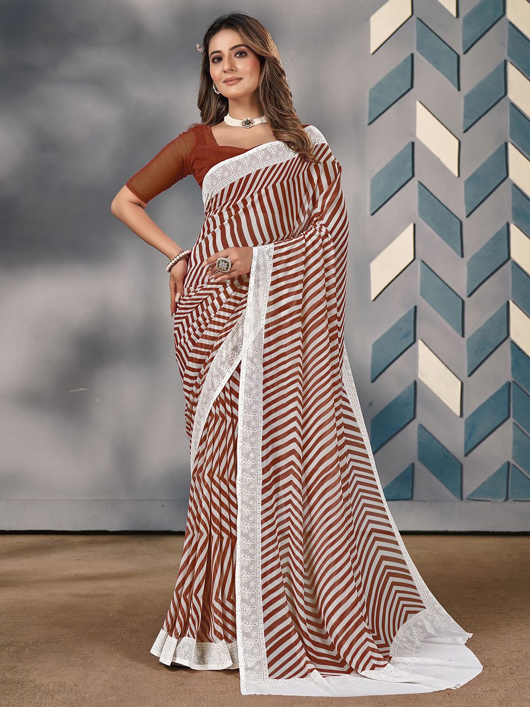 

Mitera Striped Beads and Stones Poly Georgette Saree, Brown