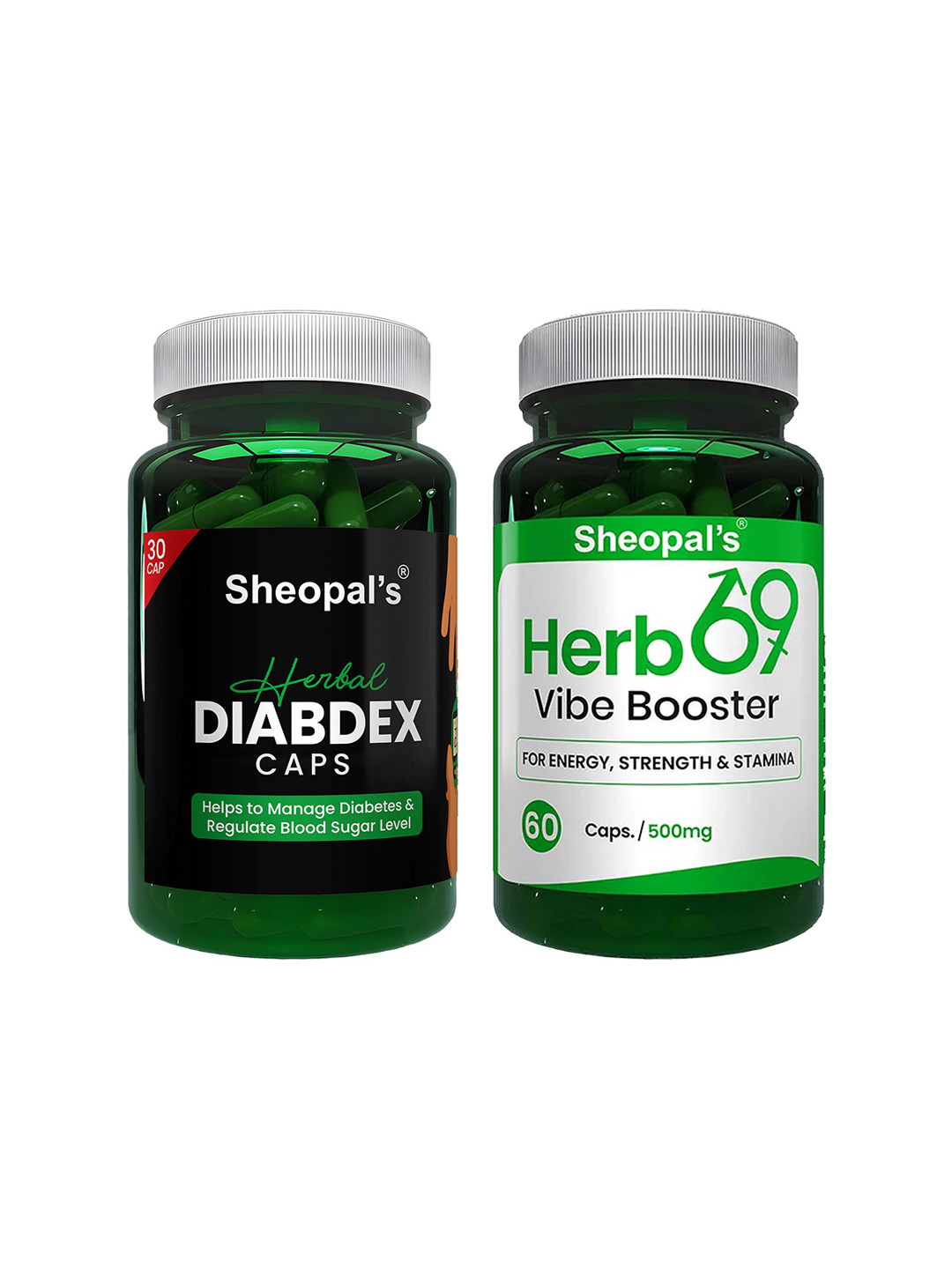 

Sheopal's Set Of 2 Diabdex - 30 Capsules & Herb 69 Booster Capsules- 60 Capsules, Green
