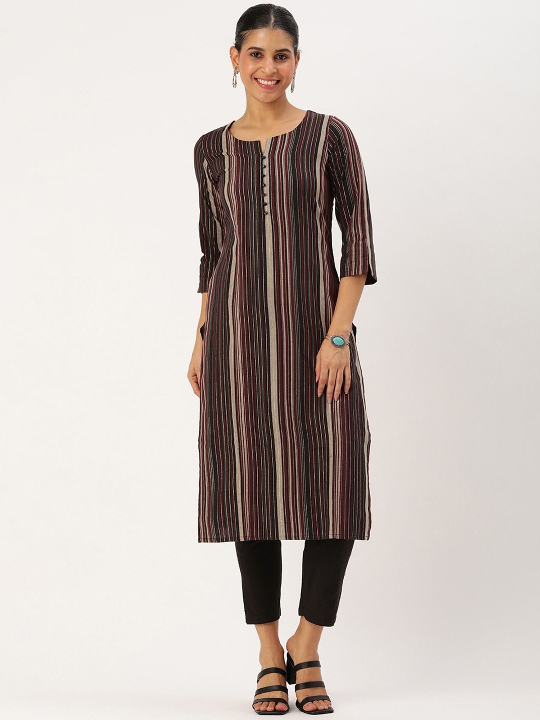 

HRITIKA Women Striped Regular Kurta with Trousers, Maroon