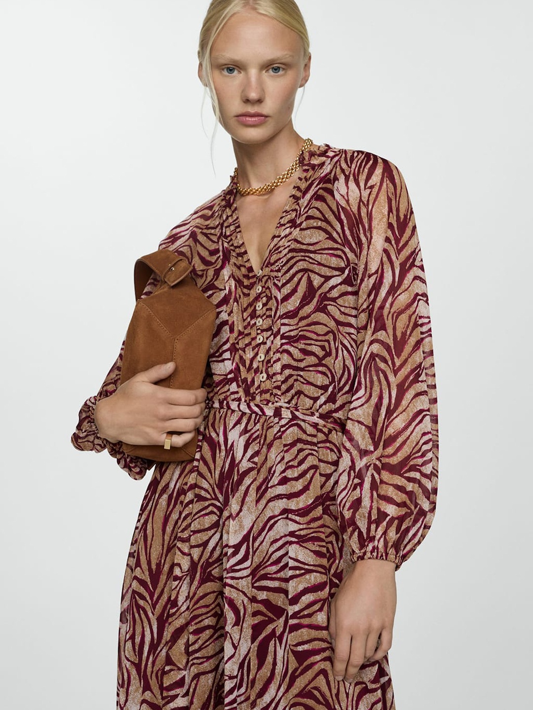 

MANGO Animal Print Puff Sleeve A-Line Midi Dress with Belt, Maroon