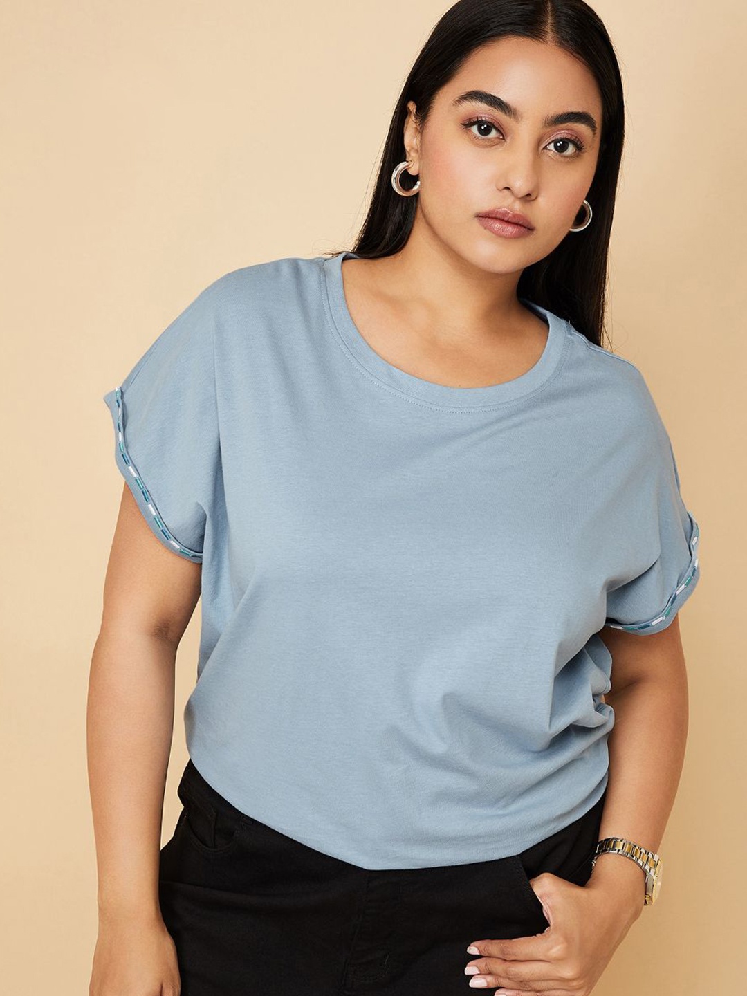 

Max Women Plus Size V-Neck Extended Sleeves Pockets T-Shirt, Blue
