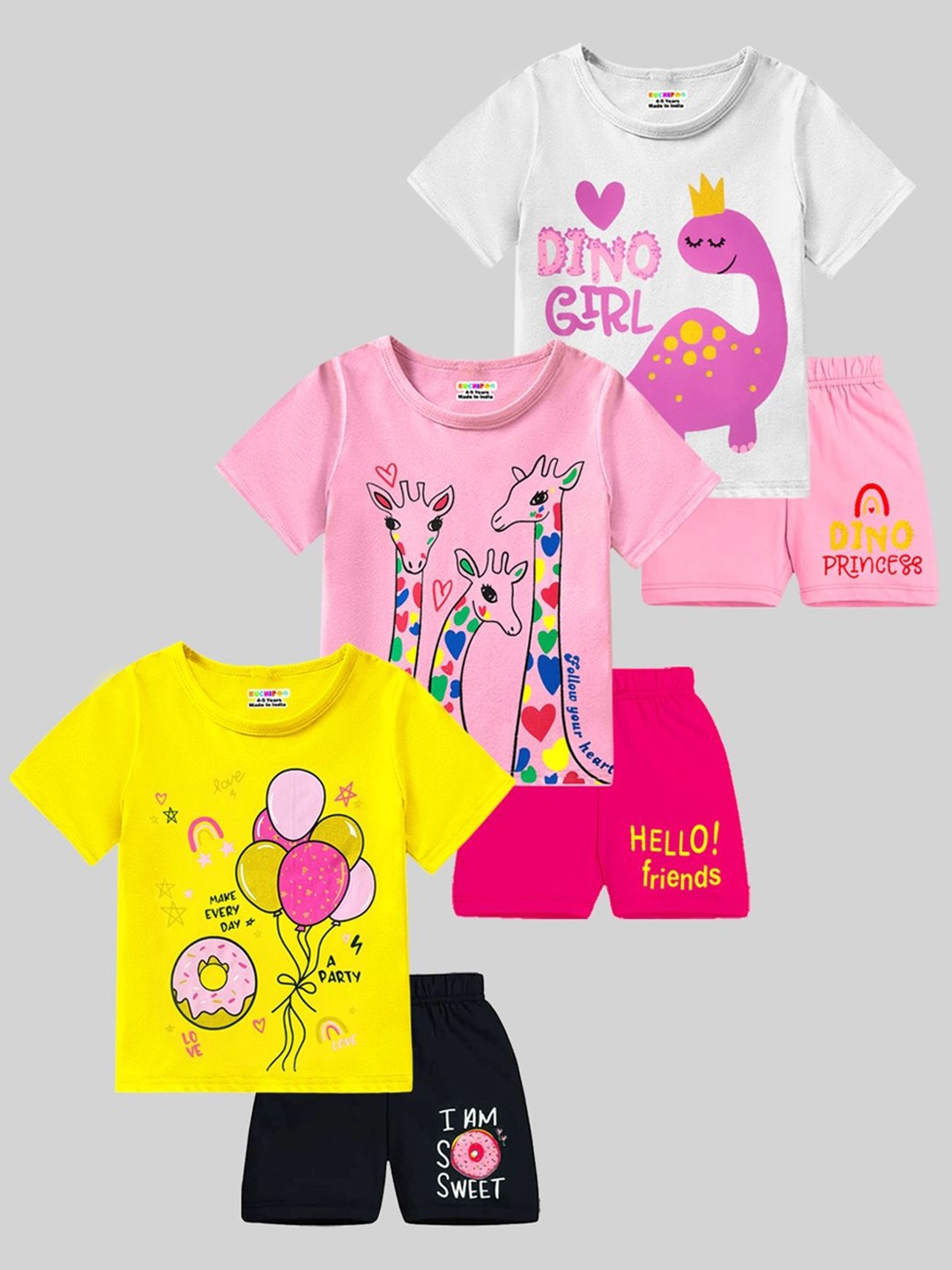 

KUCHIPOO Girls Set Of 3 Animal Printed T-shirt With Shorts, Pink