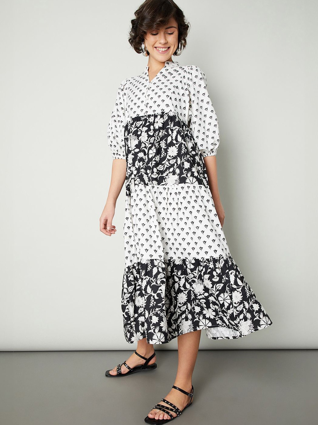 

max Polka Dot Print Puff Sleeve A-Line Midi Dress, Black