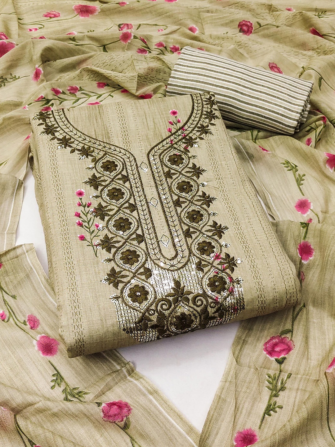 

SAINOOR Floral Embroidered Pure Cotton Unstitched Dress Material, Green