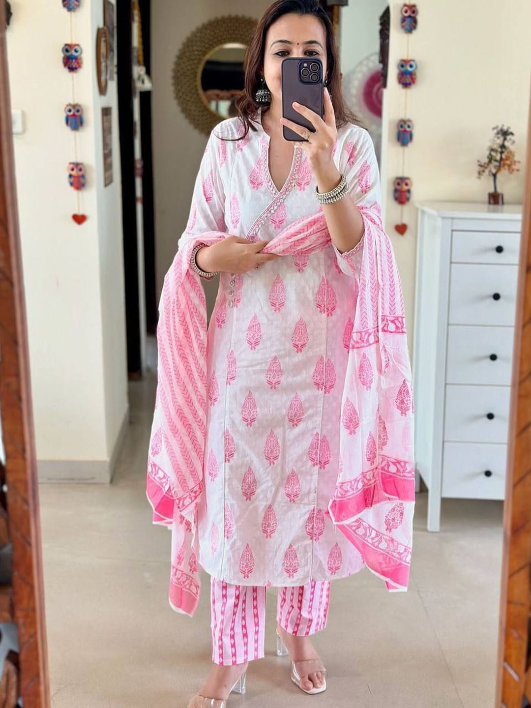 

Bought First Ethnic Motifs Printed Mirror Work Straight Kurta With Trousers And Dupatta, White