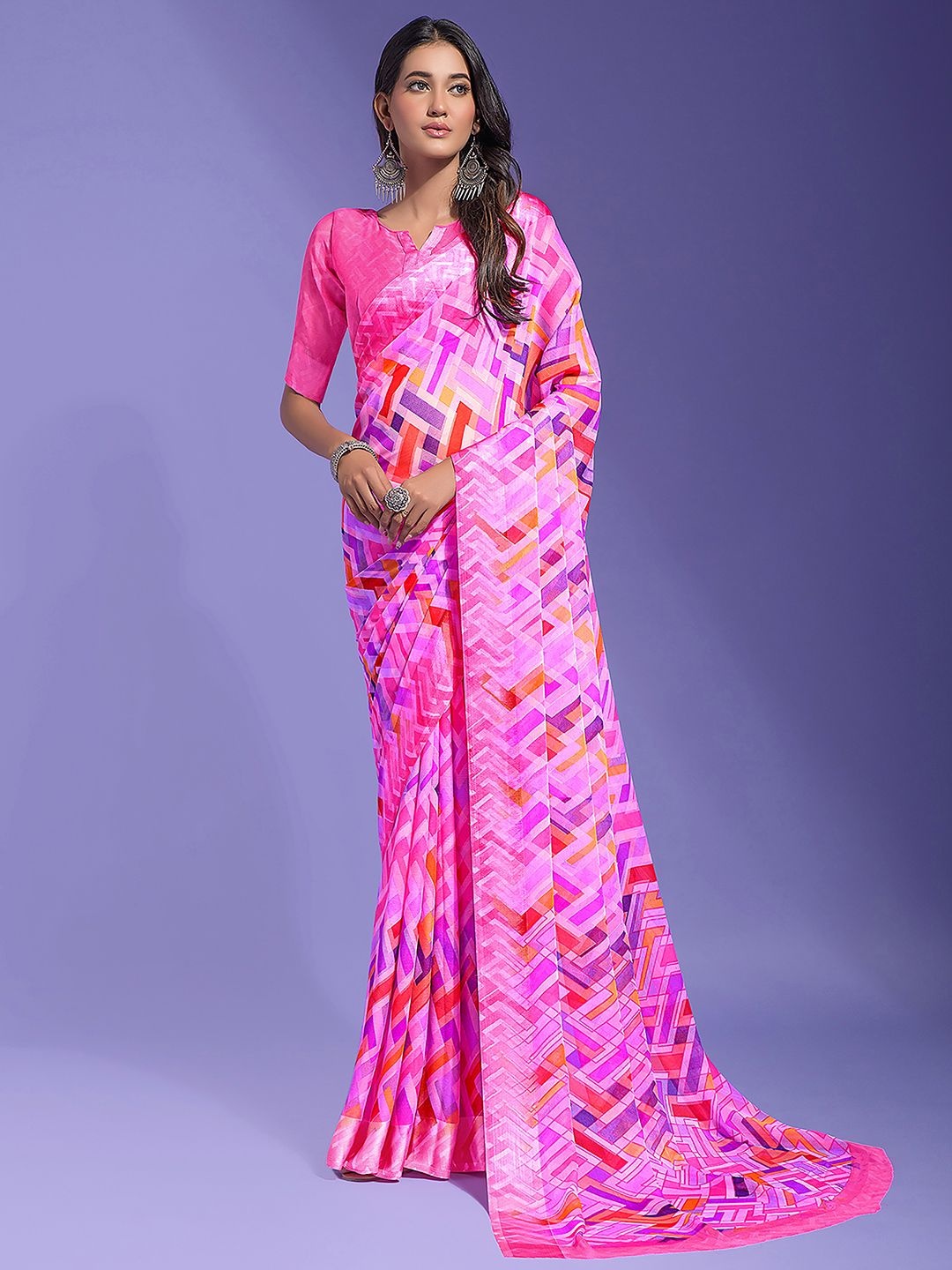 

Mitera Poly Chiffon Block Print Saree, Pink