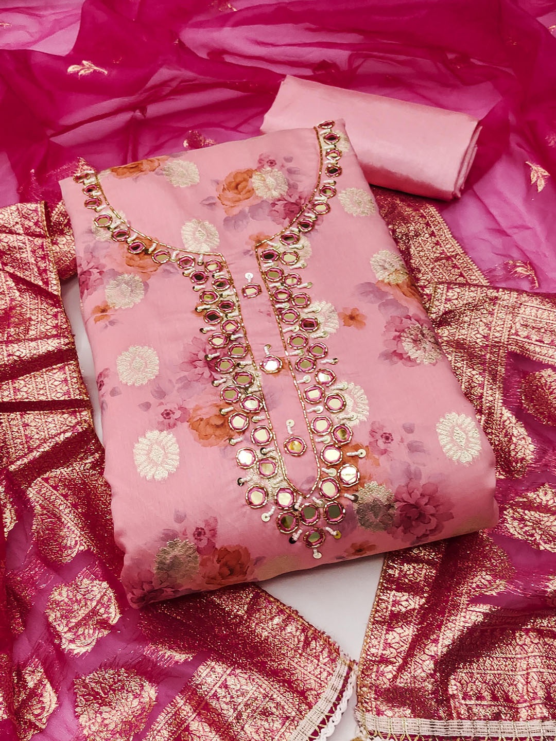 

SAINOOR Embellished Semi-Stitched Dress Material, Pink