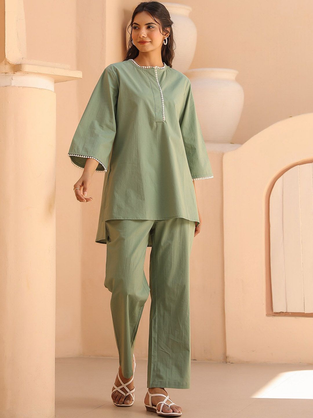 

IMANA Round Neck Pure Cotton Tunic With Trouser, Green