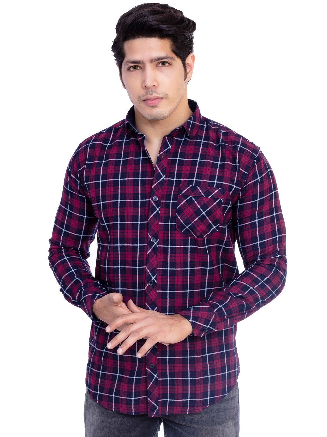 

INDIAN THREADS Men Slim Fit Tartan Checks Opaque Checked Casual Shirt, Red