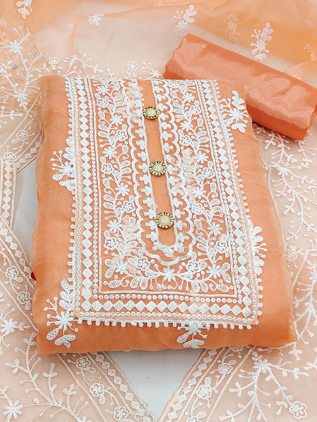 

SAINOOR Floral Embroidered Organza Semi-Stitched Dress Material, Orange