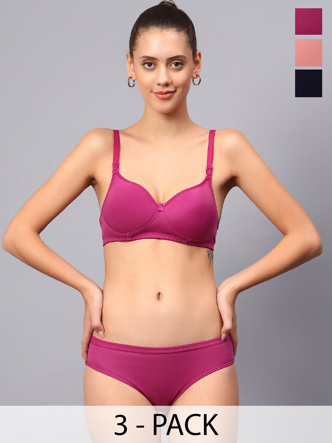 

Designer Bugs Pack Of 3 Cotton Non Padded Non Wired Lingerie Set NPLS-RG-DP-NB-30B, Rose gold