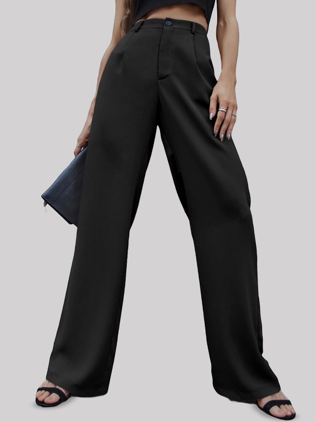 

FNOCKS Women Classic High-Rise Pleated Cotton Wide-Leg Trousers, Black