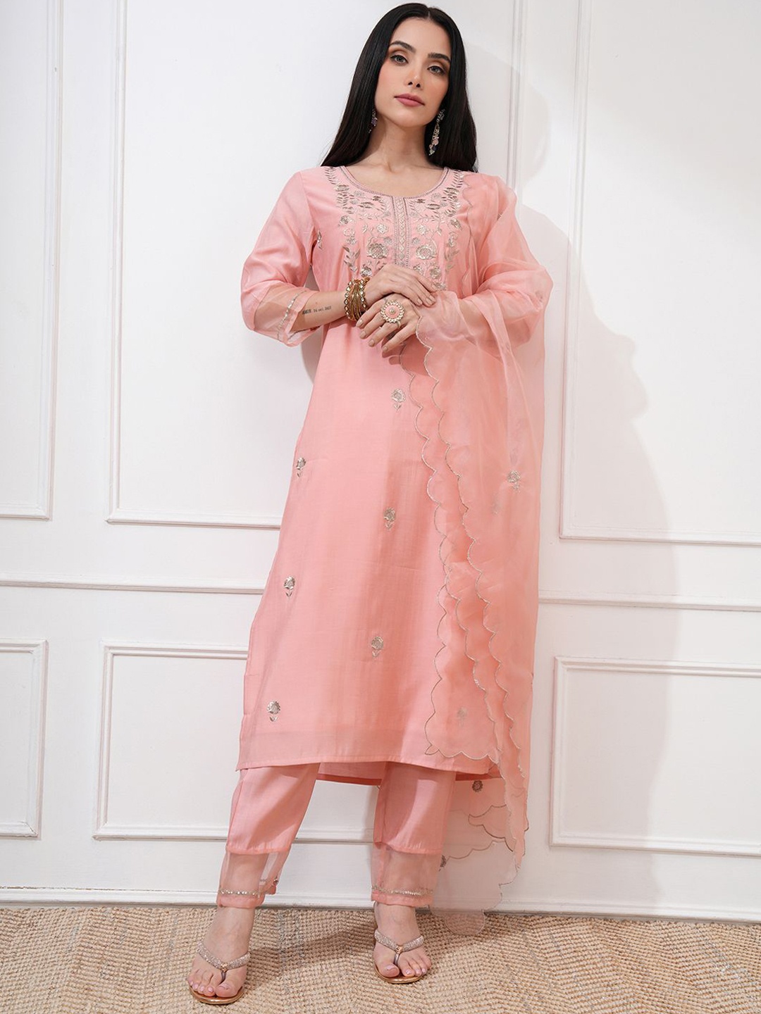 

Vishudh Women Embroidered Roman Kurta With Bottom & Nylon Organza Dupatta, Peach