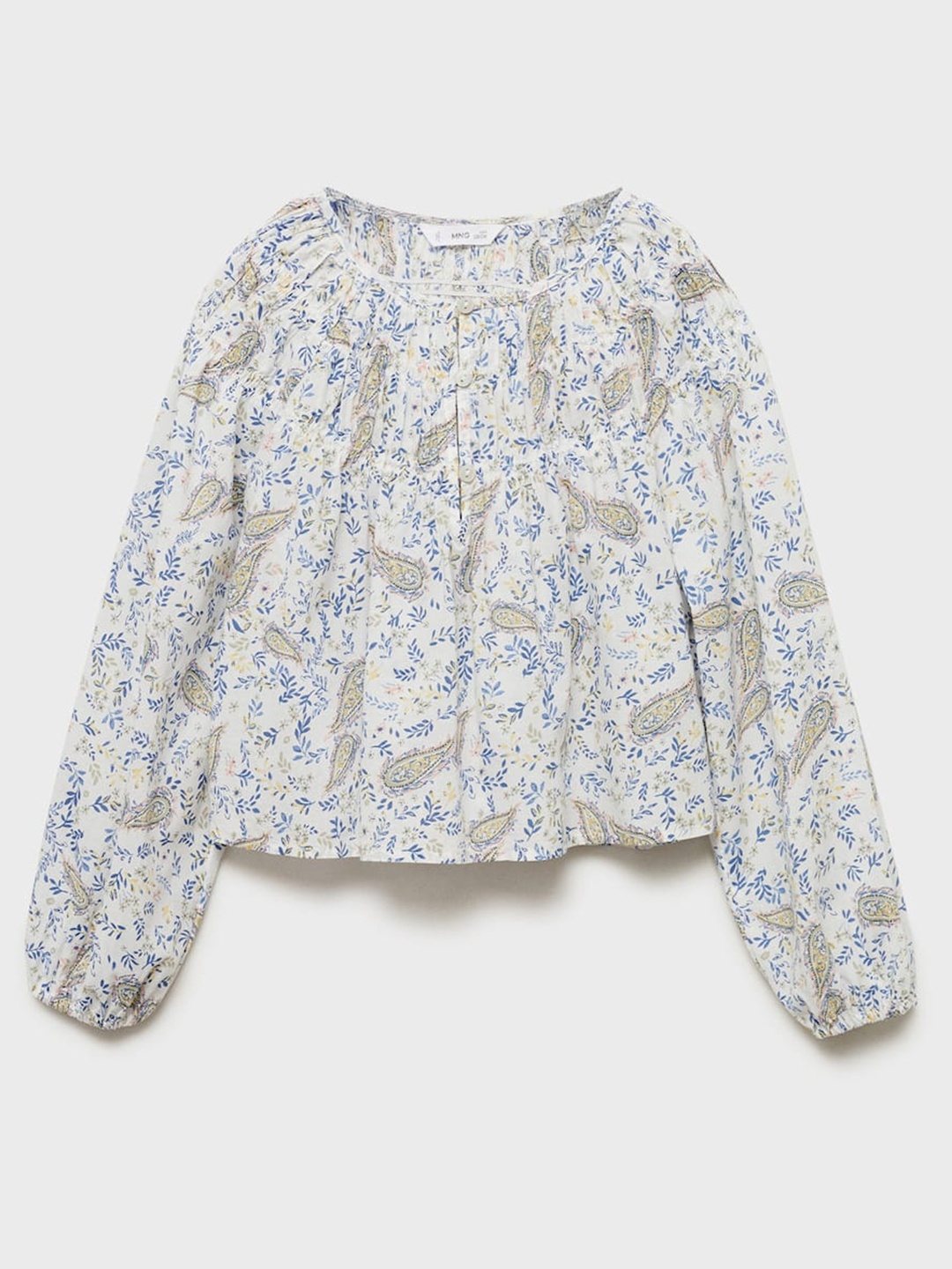 

Mango Kids Girls Ethnic Motifs Printed Puff Sleeve A-Line Cotton Top, White