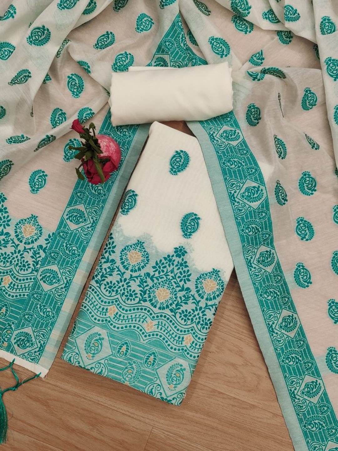 

Rangtulika Ethnics Ethnic Motifs Woven Design Unstitched Dress Material, Teal
