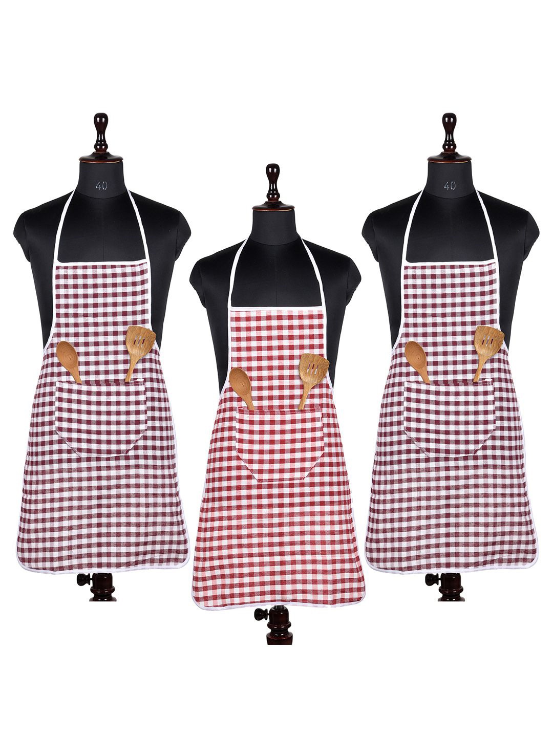

Kuber Industries White & Red 3 Pieces Checked Cotton Skin Friendly Water Resistant Aprons