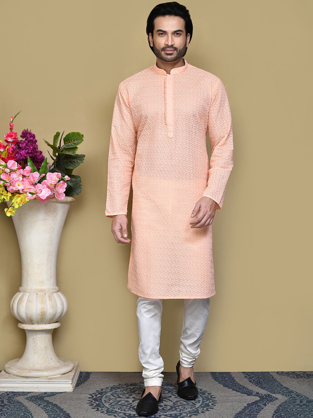 

RANAK Mendarin Collar Straight Kurta, Peach