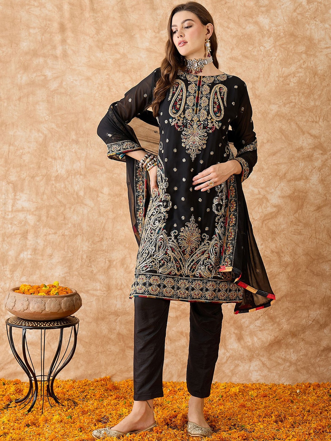 

SAINOOR Floral Embroidered Stones & Beads Work Unstitched Dress Material, Black