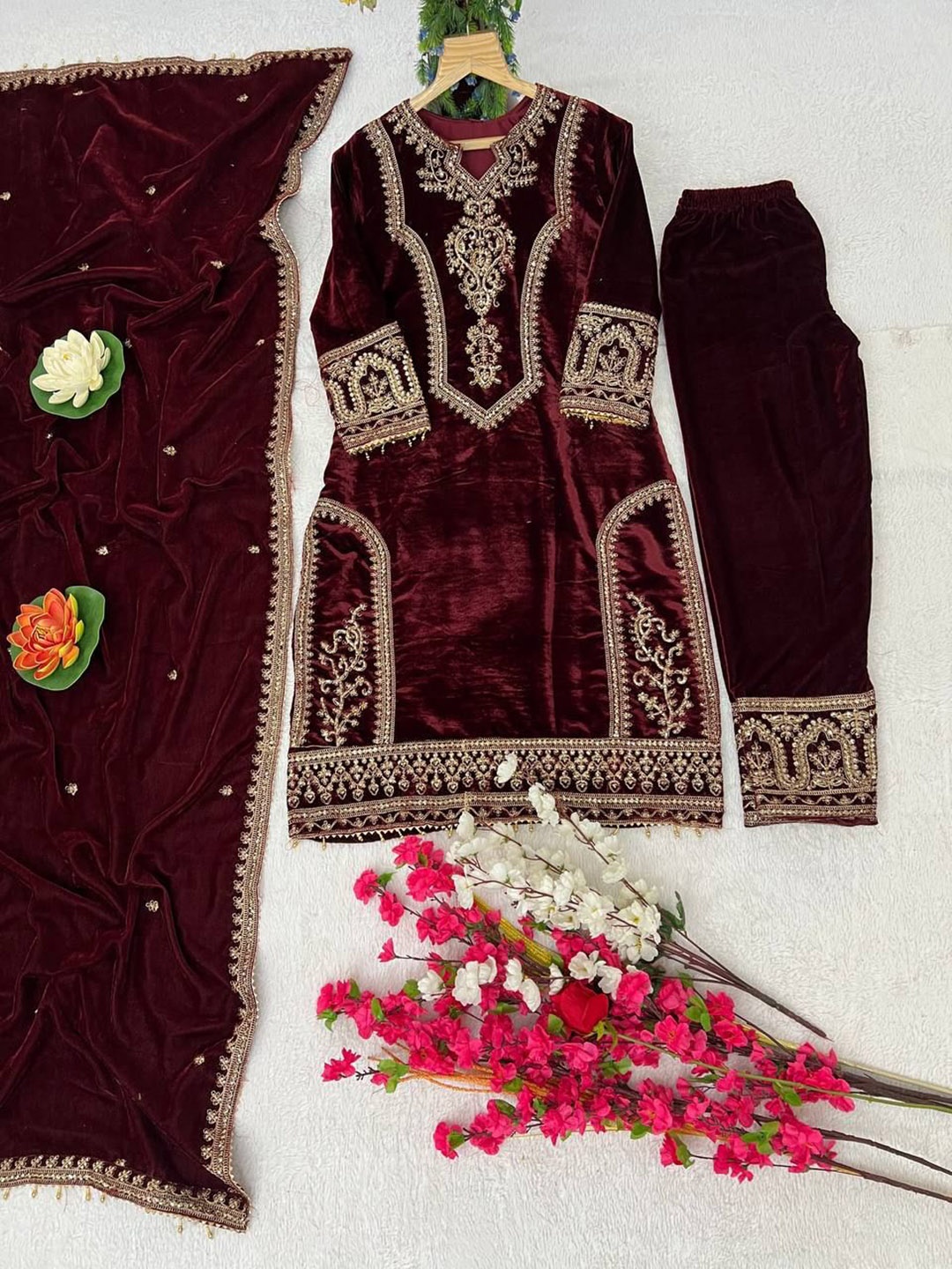 

ZIBLON Floral Embroidered Sequinned Work Velvet Pakistani Kurta With Trouser & Dupatta, Maroon