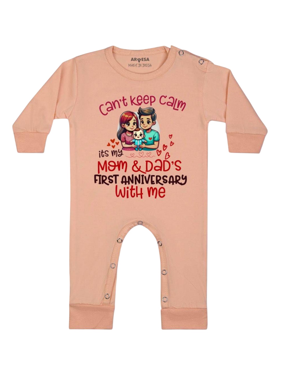 

Arvesa Kids First Anniversary With Mom And Dad Printed Baby Romper, Peach