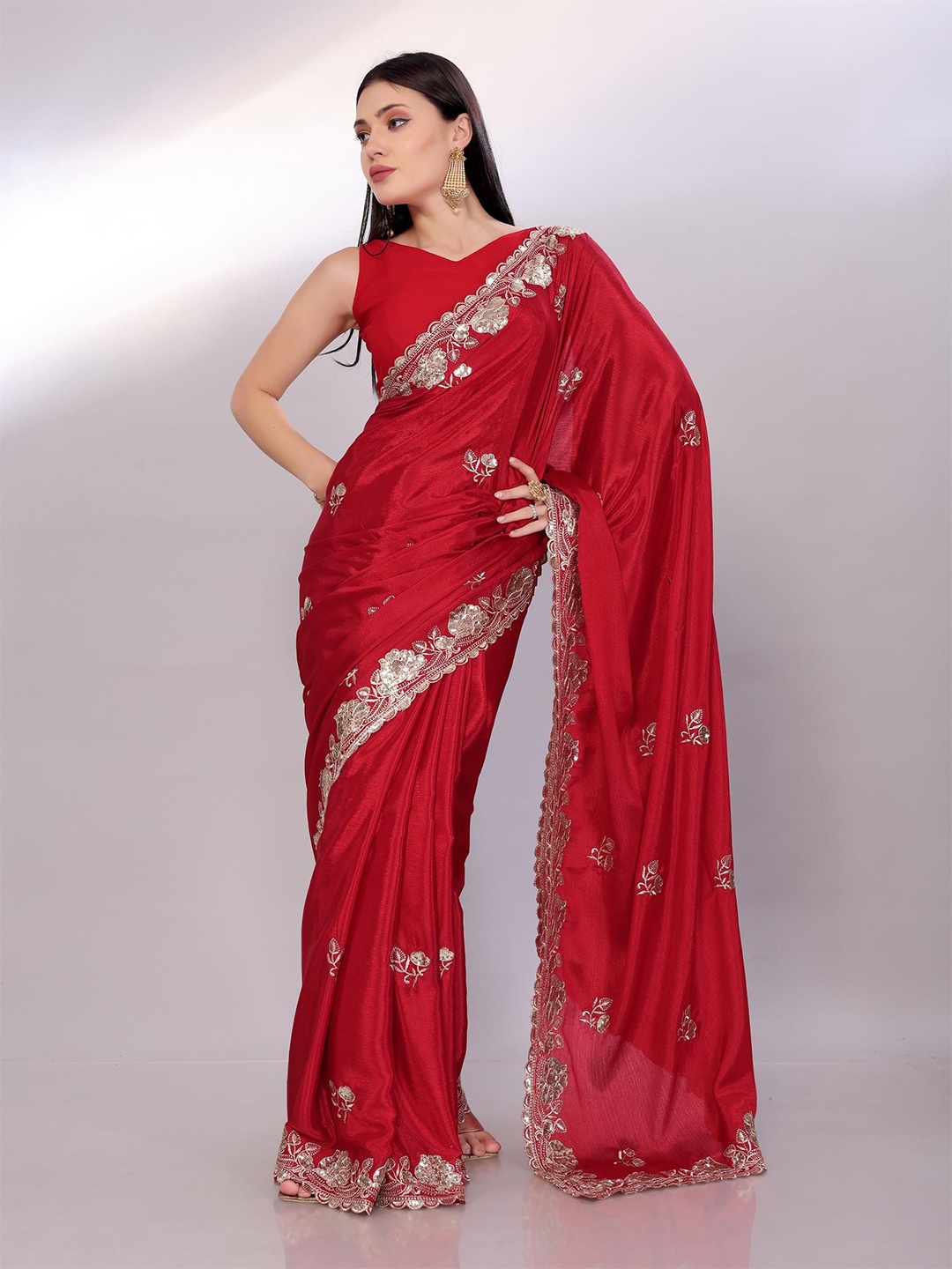 

HERE&NOW Embellished Embroidered Heavy Work Saree, Red