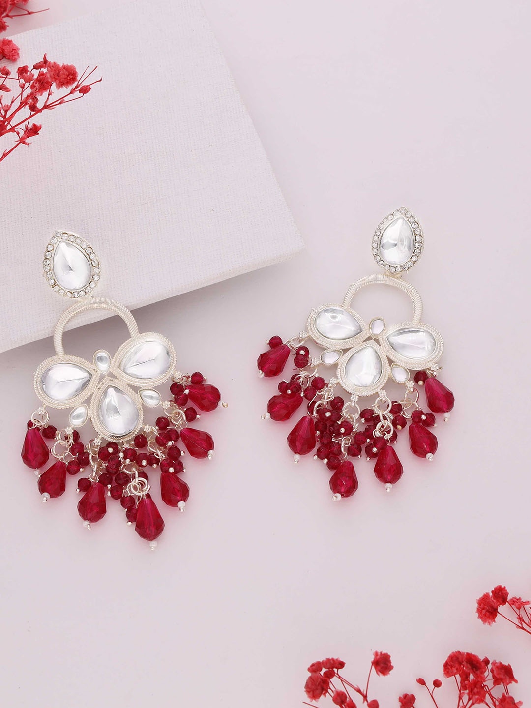 

Lyriss Gold-Plated Artificial Stones Studded And Beaded Floral Shaped Drop Earrings